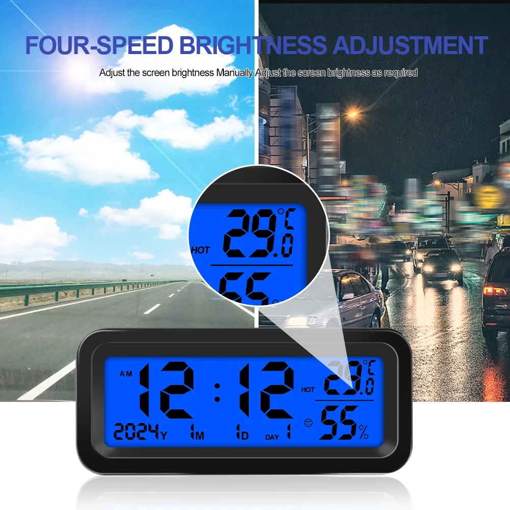 Solar Car Digital Clock Date Week Temperature Humidity LCD Backlit Display for Dashboard Car Clock Automobiles Internal Stick-On — view 4