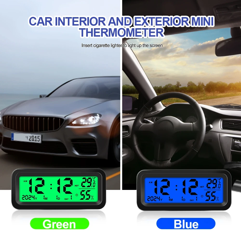 Solar Car Digital Clock Date Week Temperature Humidity LCD Backlit Display for Dashboard Car Clock Automobiles Internal Stick-On — view 5