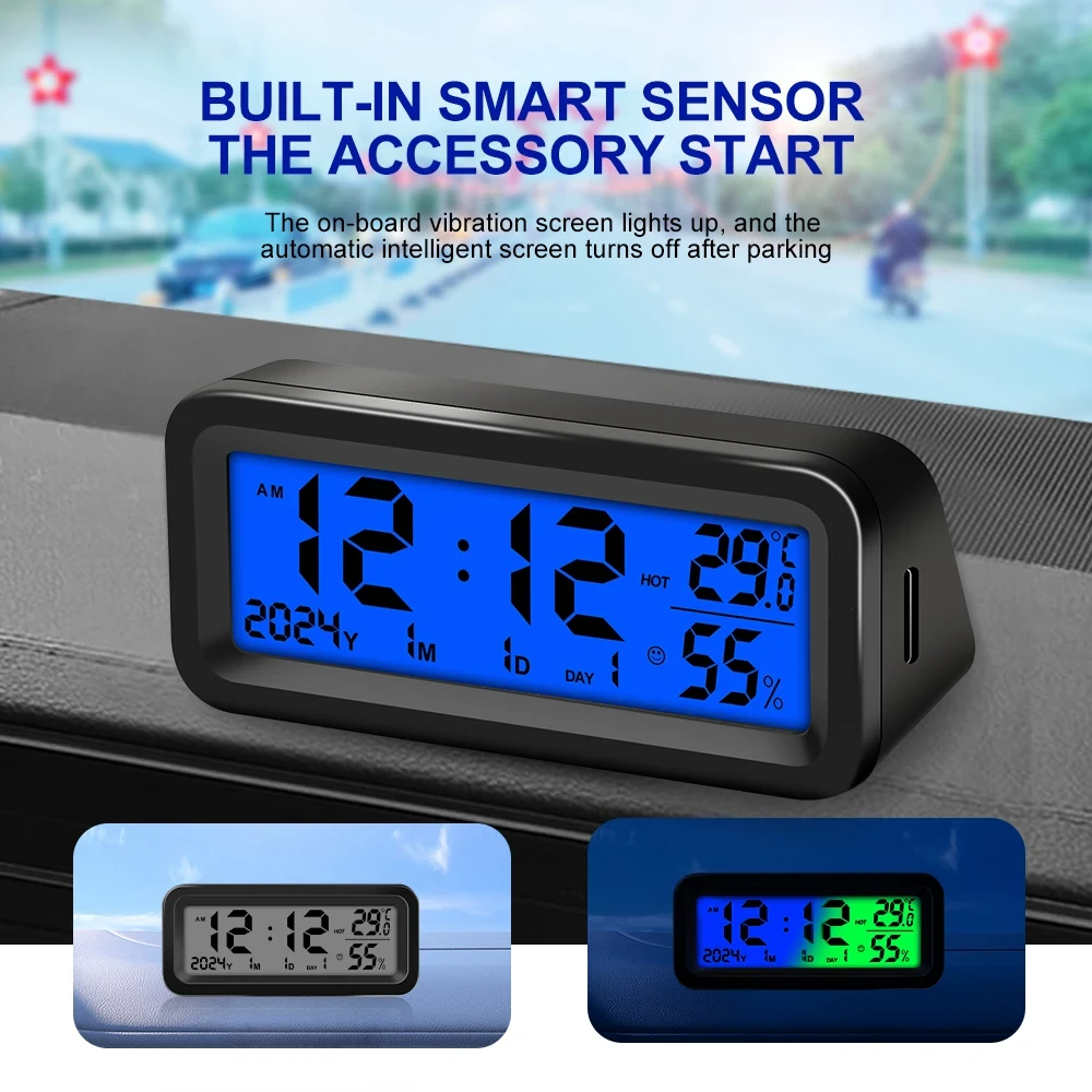 Solar Car Digital Clock Date Week Temperature Humidity LCD Backlit Display for Dashboard Car Clock Automobiles Internal Stick-On — view 6
