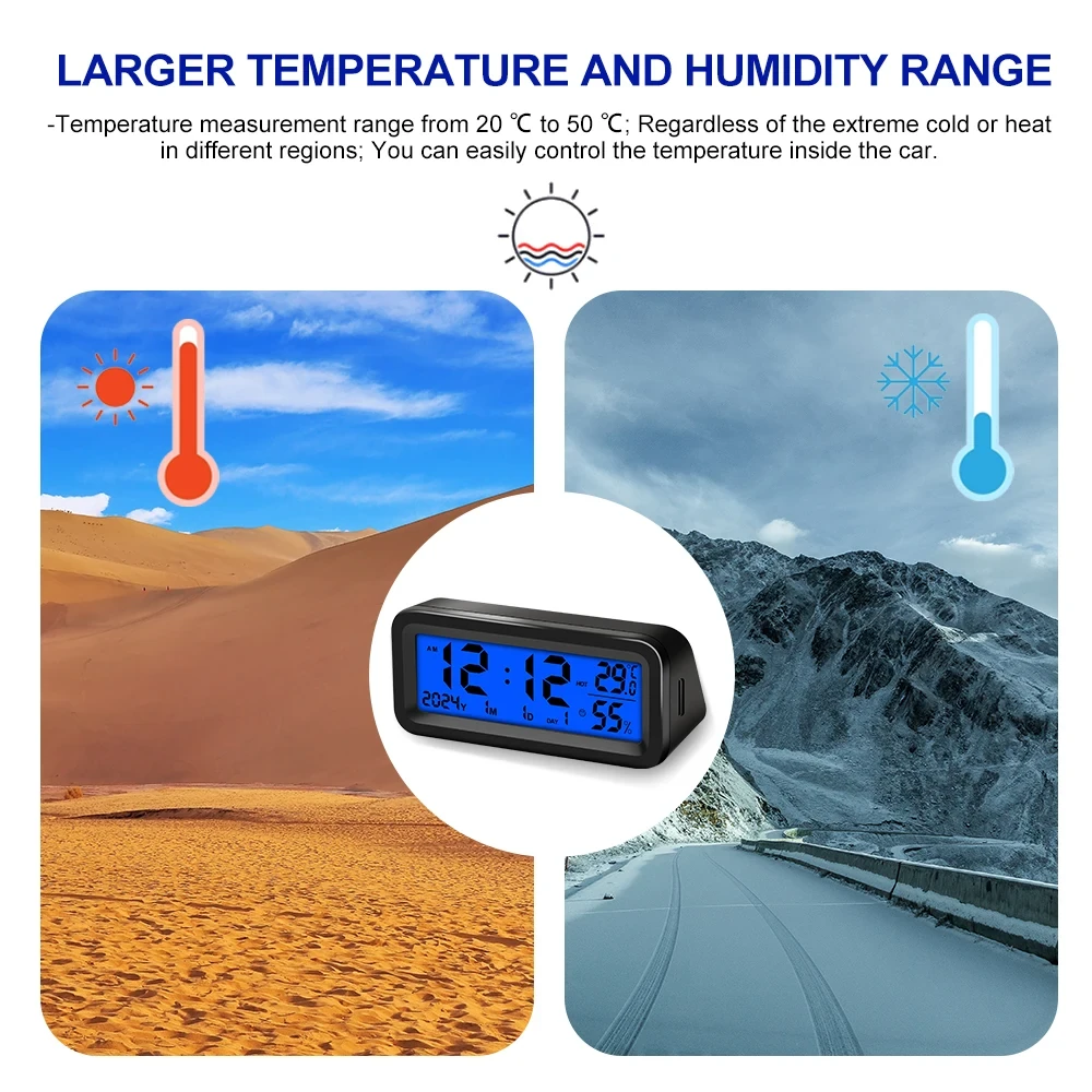 Solar Car Digital Clock Date Week Temperature Humidity LCD Backlit Display for Dashboard Car Clock Automobiles Internal Stick-On — view 7