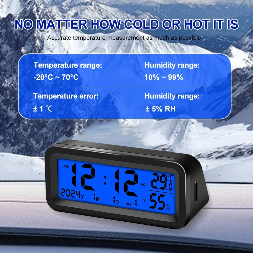 Solar Car Digital Clock Date Week Temperature Humidity LCD Backlit Display for Dashboard Car Clock Automobiles Internal Stick-On — view 8