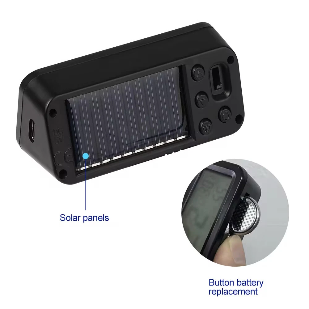 Solar Car Digital Clock Date Week Temperature Humidity LCD Backlit Display for Dashboard Car Clock Automobiles Internal Stick-On — view 9