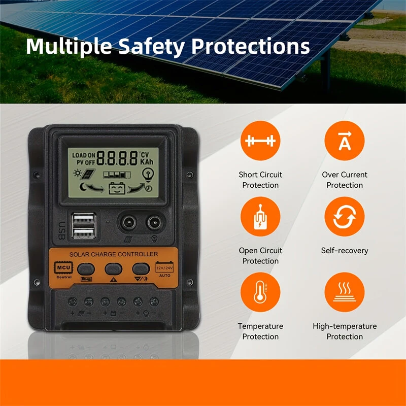 Solar Charge Controller 12V/24V Auto 100A PWM Photovoltaic Regulator Dual USB Output LCD Display Lead-Acid Lithium Batteries — view 2