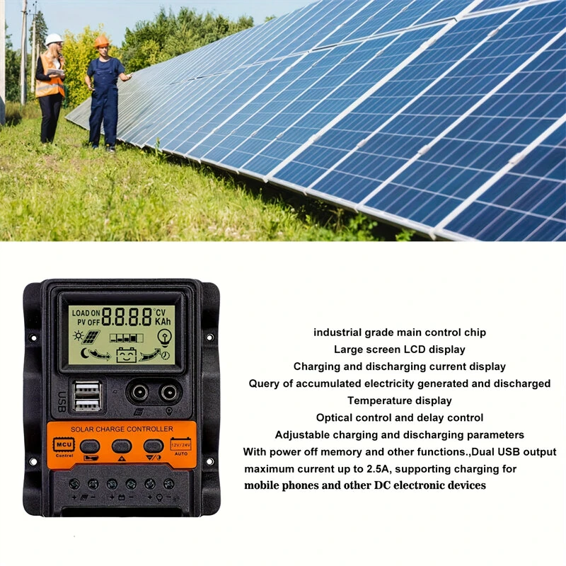 Solar Charge Controller 12V/24V Auto 100A PWM Photovoltaic Regulator Dual USB Output LCD Display Lead-Acid Lithium Batteries — view 3