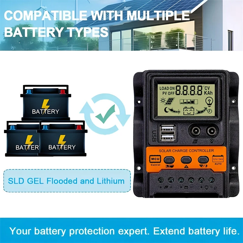 Solar Charge Controller 12V/24V Auto 100A PWM Photovoltaic Regulator Dual USB Output LCD Display Lead-Acid Lithium Batteries — view 4
