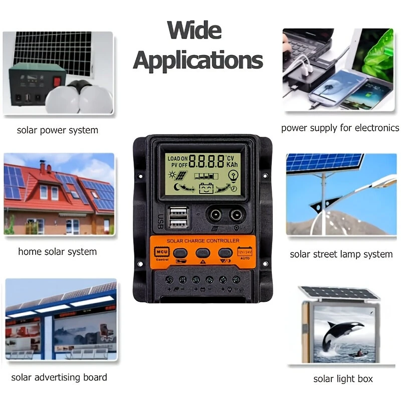 Solar Charge Controller 12V/24V Auto 100A PWM Photovoltaic Regulator Dual USB Output LCD Display Lead-Acid Lithium Batteries — view 6