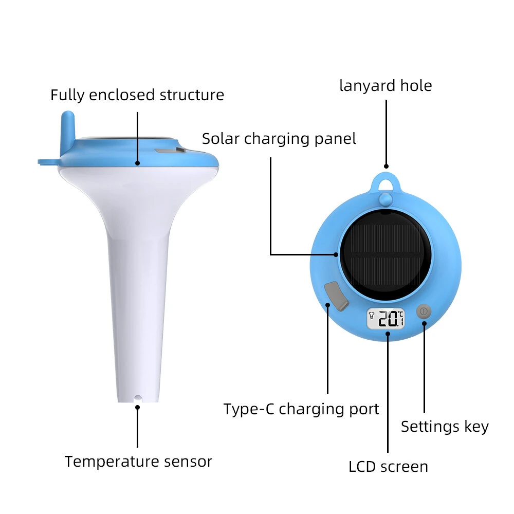 Solar Pool Thermometer 782 Floating IPX8 Waterproof Digital Water Gauge with Type-C Charging for Swimming Pools Hot Tubs Spas — view 9