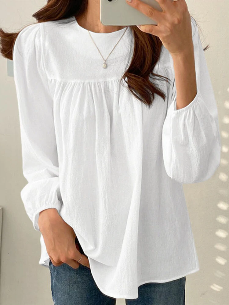 Solid Casual Keyhole Back Long Sleeve Crew Neck Blouse — view 3