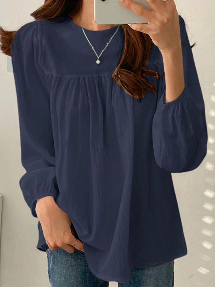 Solid Casual Keyhole Back Long Sleeve Crew Neck Blouse — view 6