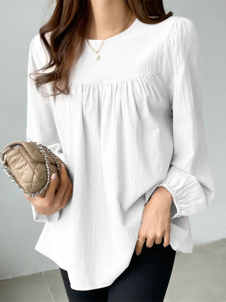Solid Casual Keyhole Back Long Sleeve Crew Neck Blouse — view 7