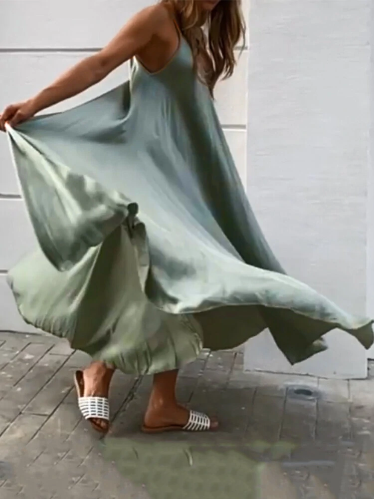 Solid Color Spaghetti Sleeveless Loose Swing Casual Maxi Dress — view 3