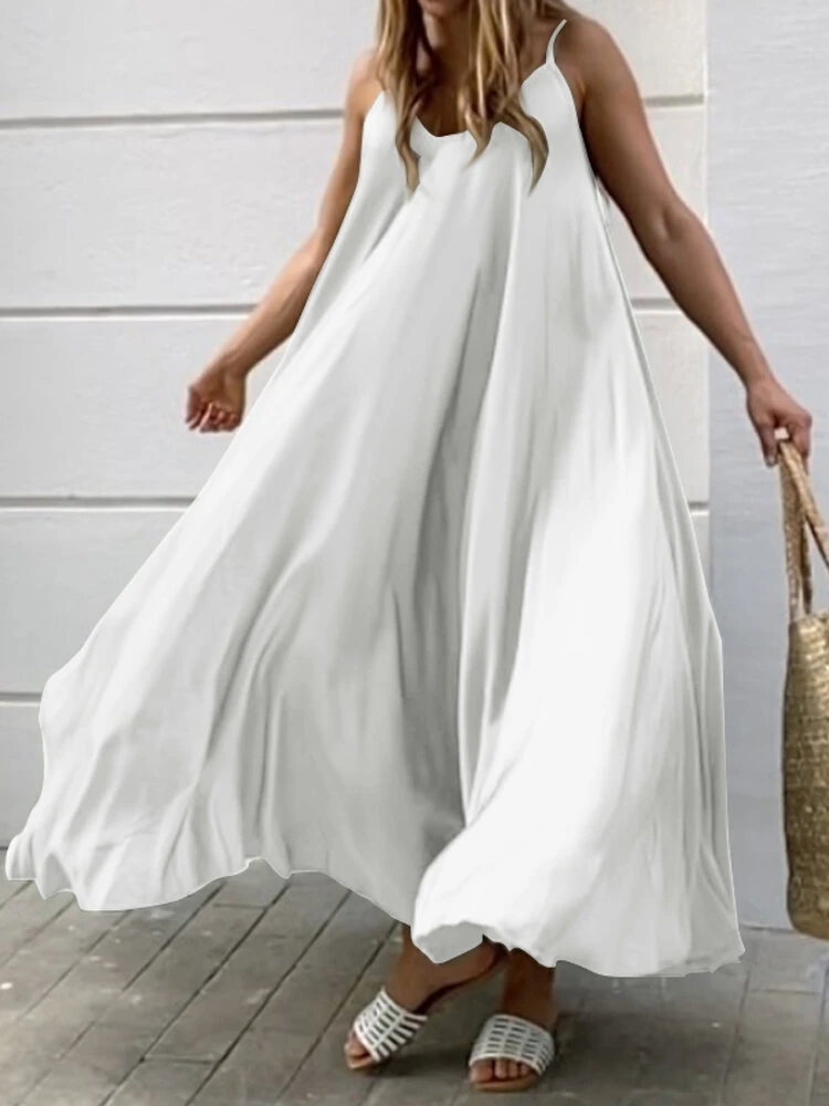 Solid Color Spaghetti Sleeveless Loose Swing Casual Maxi Dress — view 4