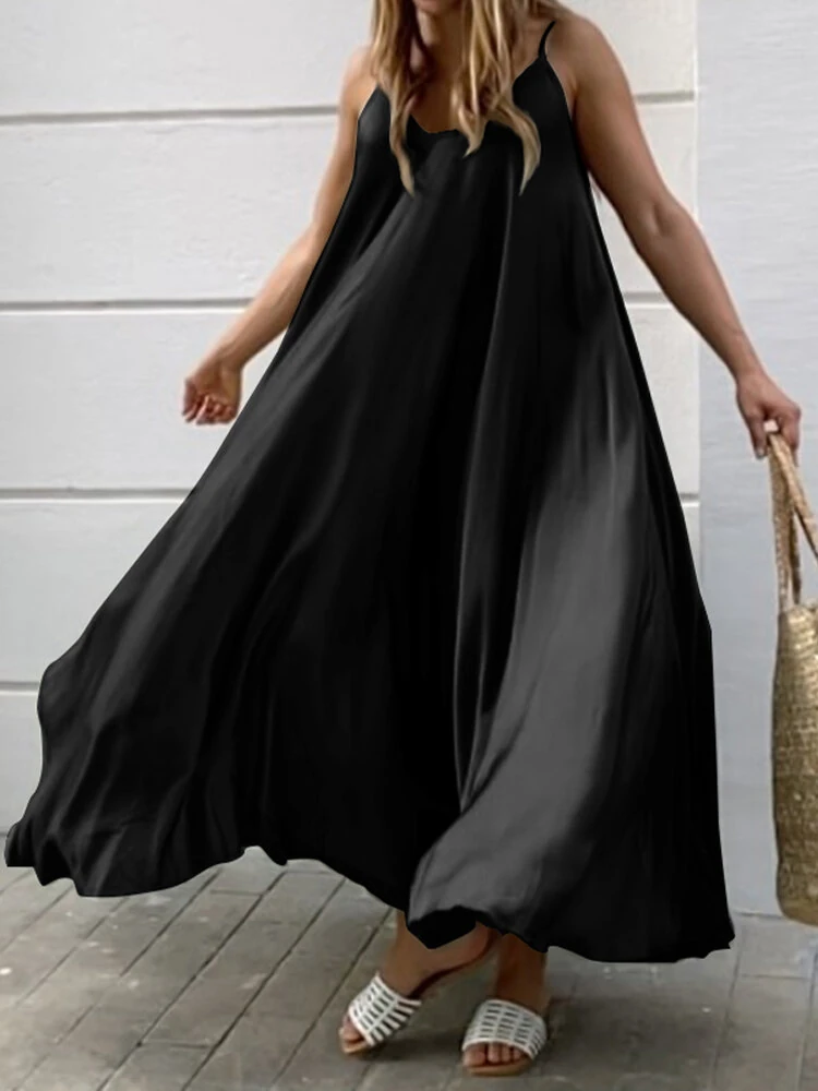 Solid Color Spaghetti Sleeveless Loose Swing Casual Maxi Dress — view 5