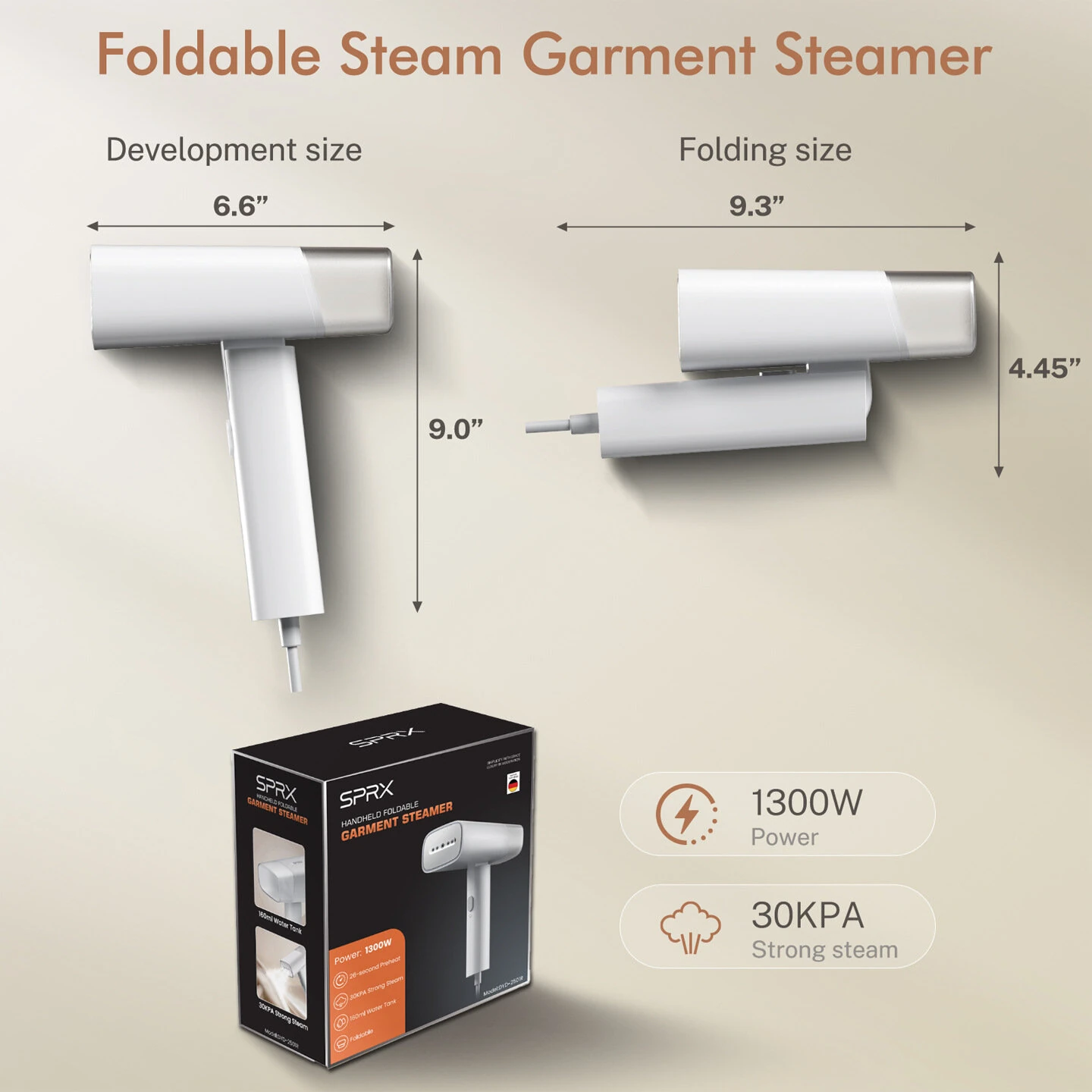 SPRX Foldable Garment Steamer 1300W 30kPa Powerful Steam 160ml Water Tank 4 in 1 Portable Handheld Clothes Steamer for Travel Wrinkle Removal — view 5