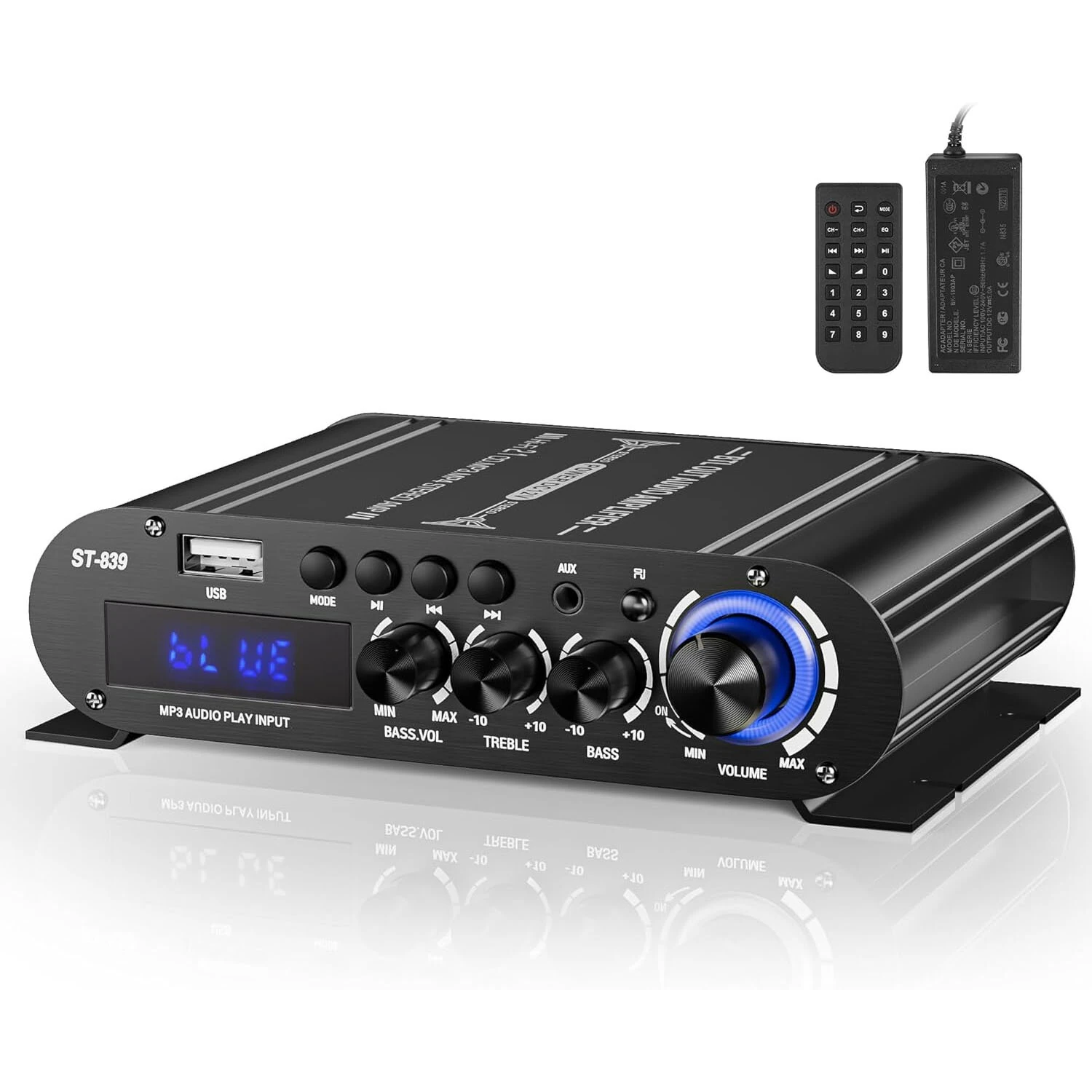 ST-839 2.1CH Mini Bluetooth Stereo Amplifier RMS 25Wx2+40W Subwoofer Output USB/AUX/RCA Input Home Audio Receiver for Home Theater With DC12V Power Adapter — image 1