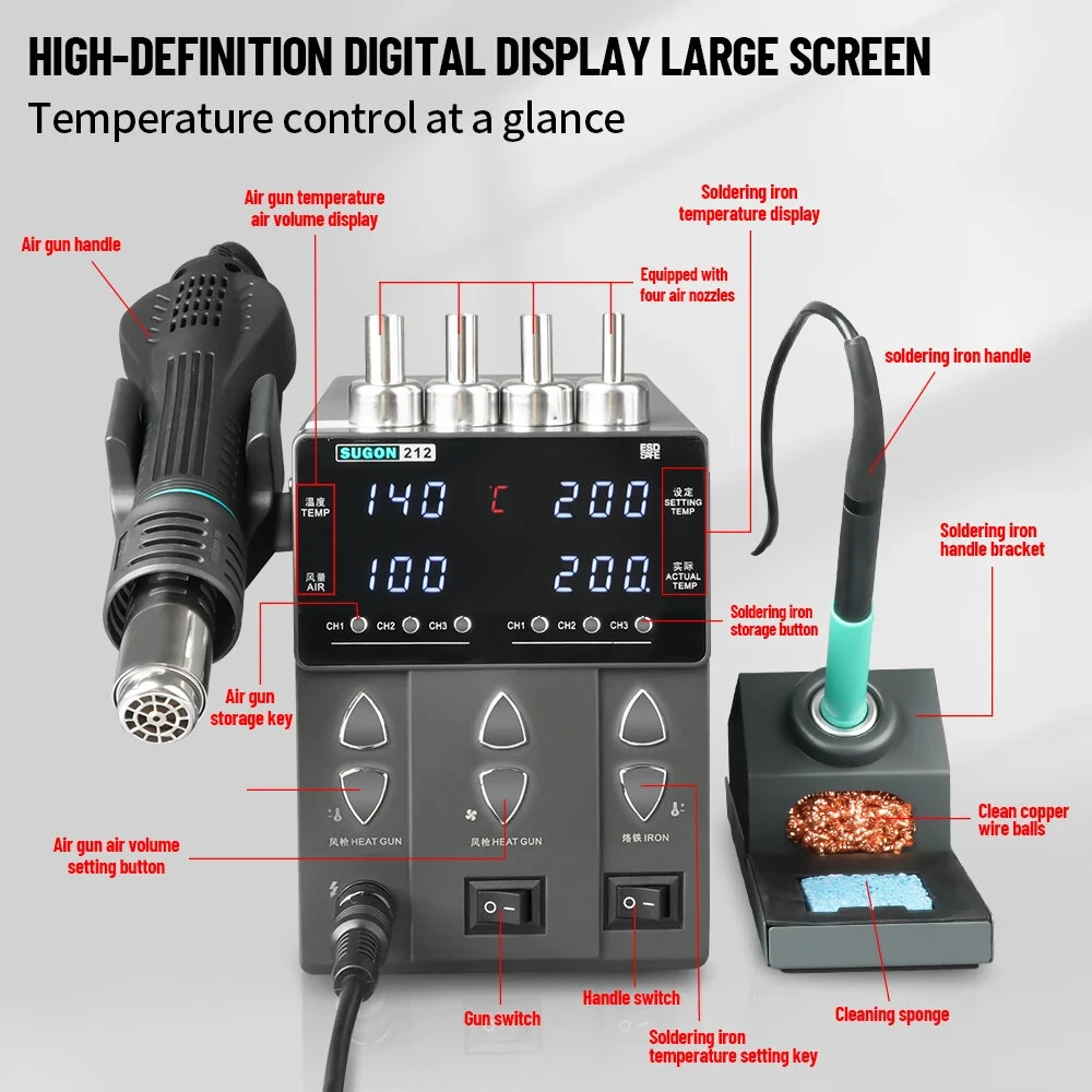 SUGON 212 2-in-1 Soldering Station 760W Hot Air Gun High Power T12 Soldering Iron LCD Display Welding Repair Tools Adjustable Temperature — view 9