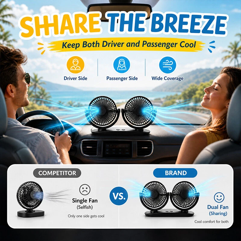 SUITU Dual Head Car Fan USB Powered 3 Speed Adjustment Low Noise Universal Vehicle Cooling Fan — view 2