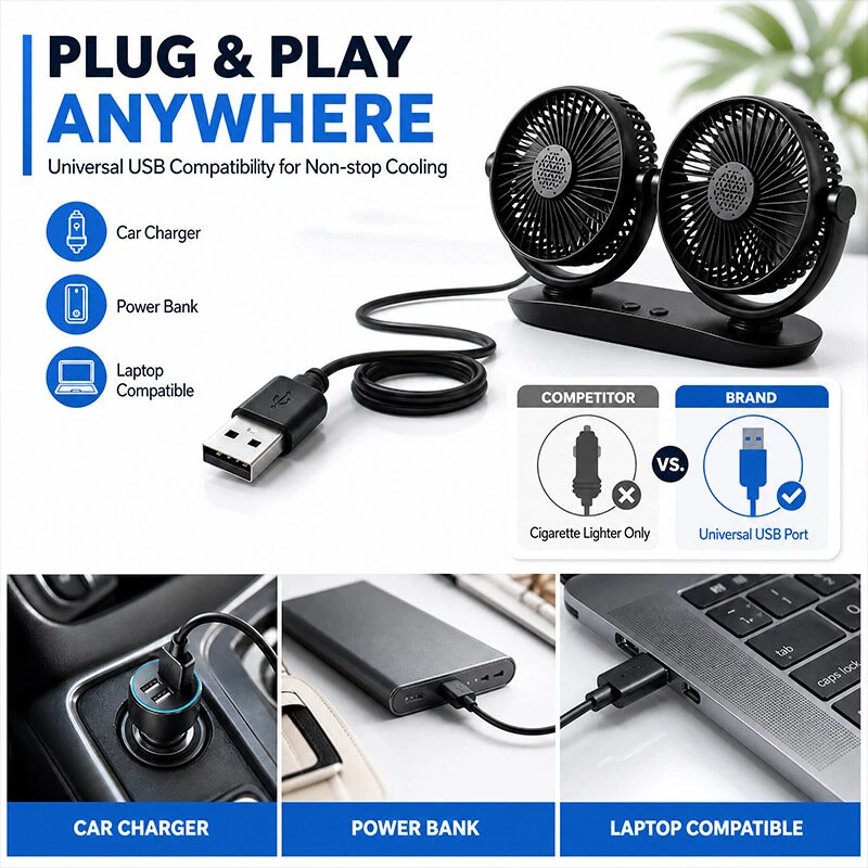 SUITU Dual Head Car Fan USB Powered 3 Speed Adjustment Low Noise Universal Vehicle Cooling Fan — view 3