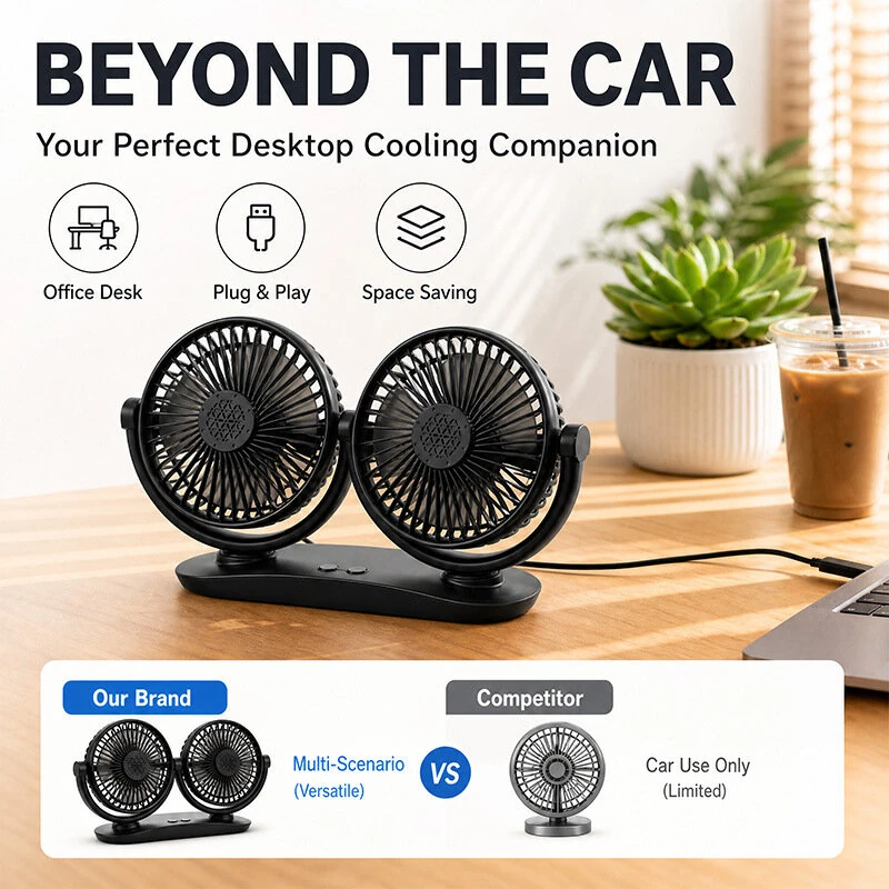 SUITU Dual Head Car Fan USB Powered 3 Speed Adjustment Low Noise Universal Vehicle Cooling Fan — view 4