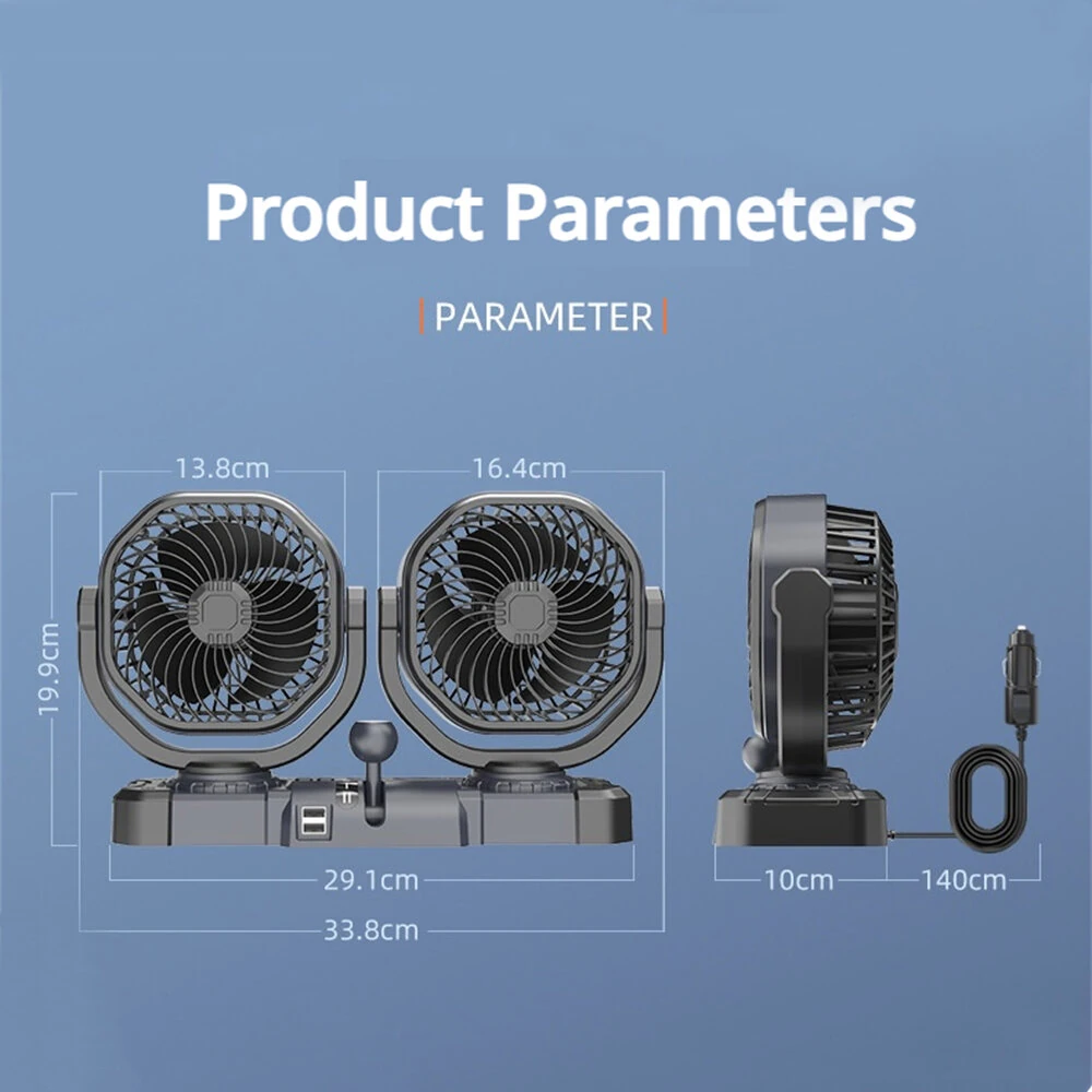 SUITU F6604 Dual-head Car Fan Two-speed 3-blade Turbine 12V 24V Brushless Motor 150° Left-right Oscillation — view 10