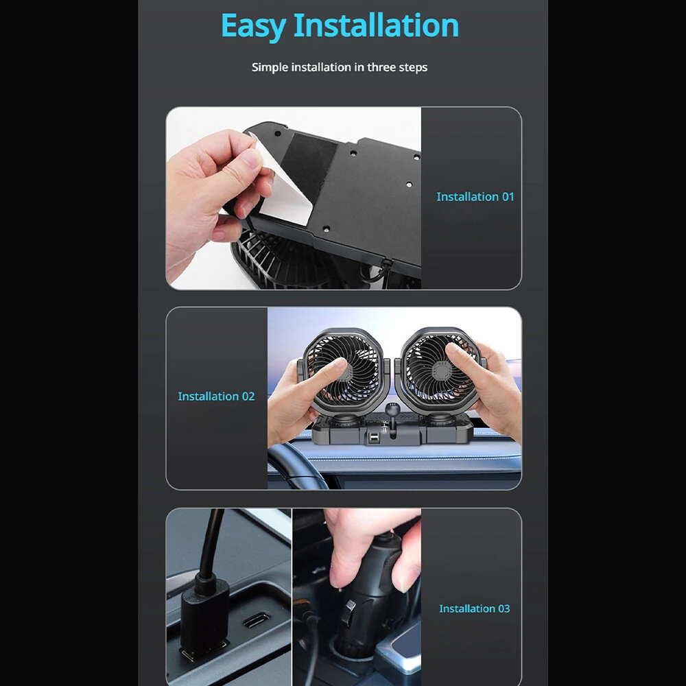 SUITU F6604 Dual-head Car Fan Two-speed 3-blade Turbine 12V 24V Brushless Motor 150° Left-right Oscillation — view 7