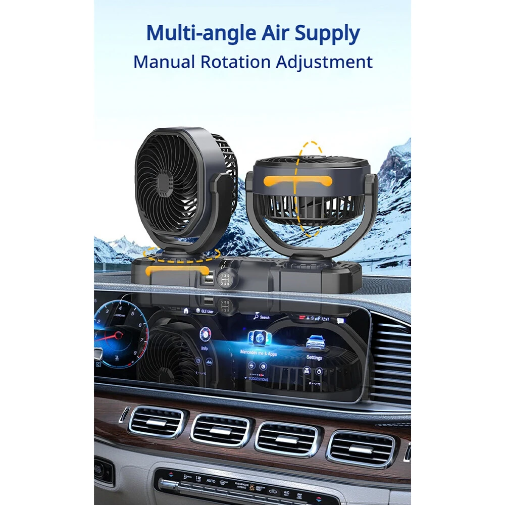 SUITU F6604 Dual-head Car Fan Two-speed 3-blade Turbine 12V 24V Brushless Motor 150° Left-right Oscillation — view 9