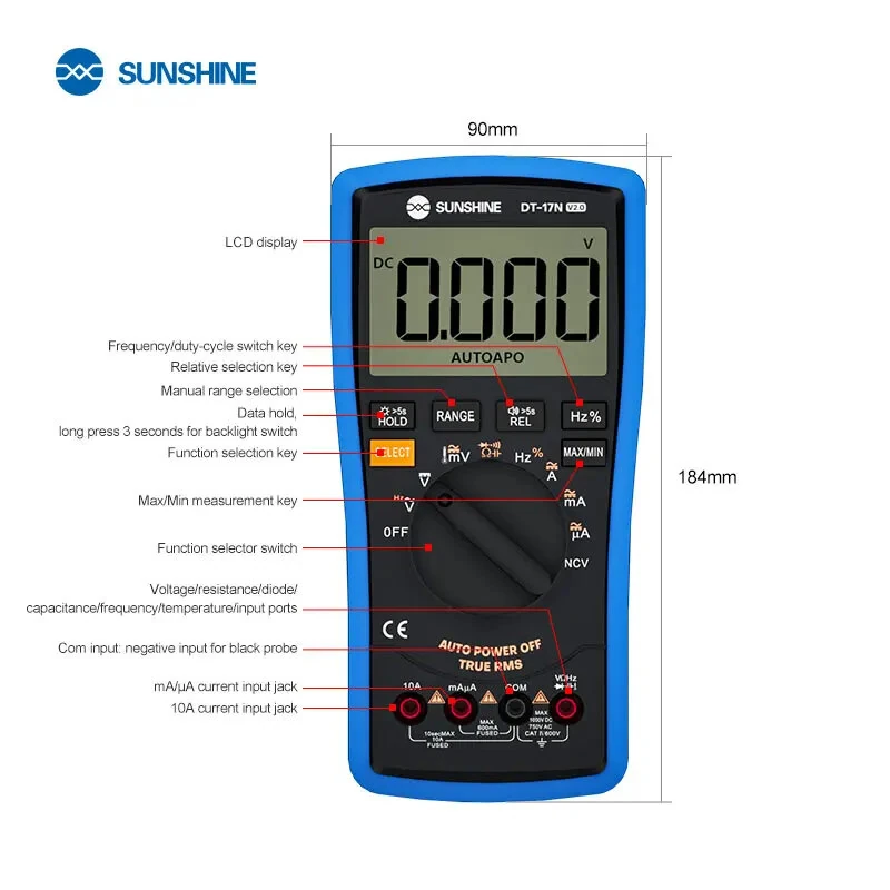 SUNSHINE DT-17N Auto Range Digital Multimeter True RMS 5999 Counts High-Precision Instrument Tester for Repair Tools — view 8