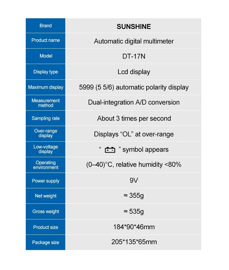 SUNSHINE DT-17N Auto Range Digital Multimeter True RMS 5999 Counts High-Precision Instrument Tester for Repair Tools — view 9