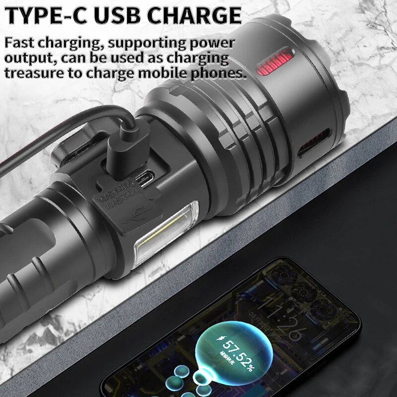 Super Bright Flashlight COB Side Light XHP70 30W LED USB-C with 26650 Battery 16000 Lumen Outdoor Emergency 6 Modes Zoomable Torch — view 5