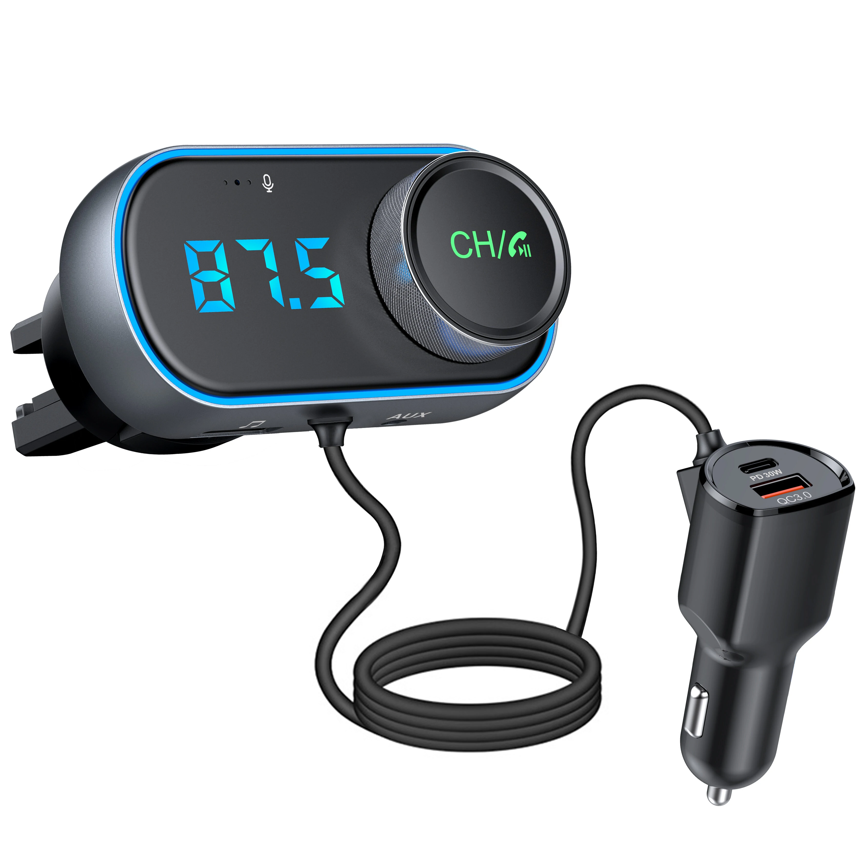 T78 Air Outlet Car bluetooth V5.0 FM Transmitter QC3.0 + PD Fast Charger Hi-fi Music Player Hands-free Calls U Disk AUX Bass 7 Colors Backlit Light