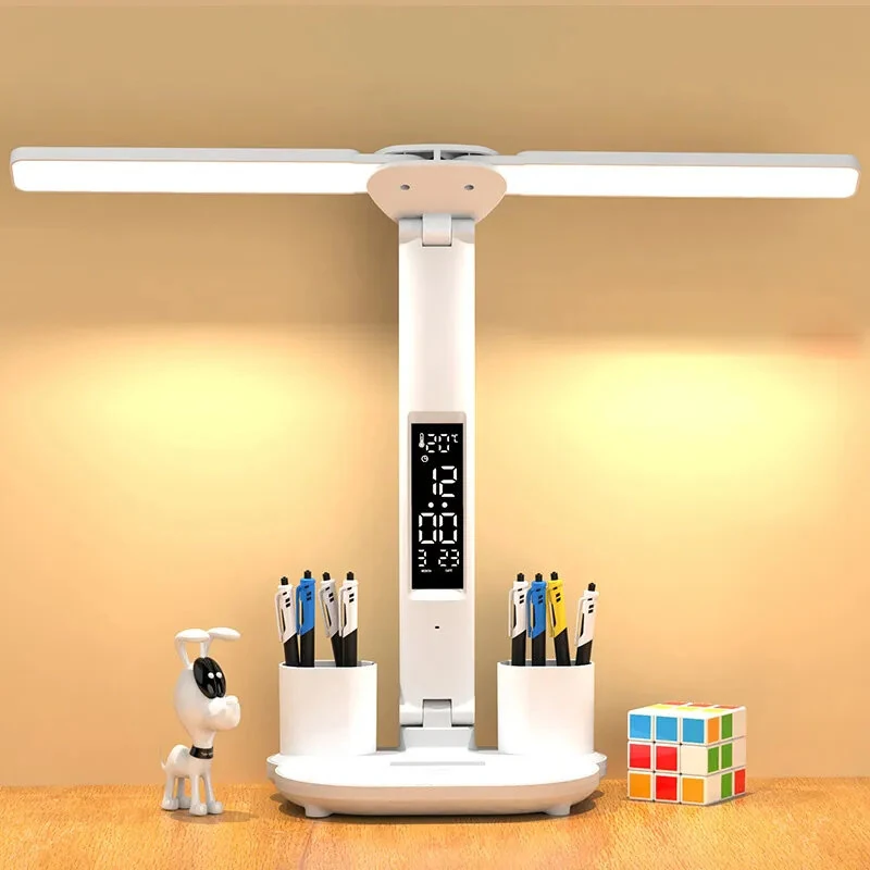 Table Lamp LED Double-headed Multifunction Foldable Touch With Calendar Clock USB Desk Lamp For Bedroom Bedside Reading Light — Pricio