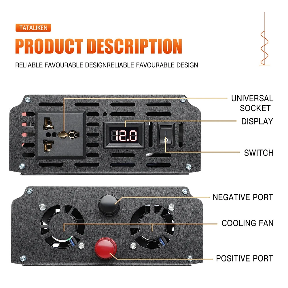 TATALIKEN Power Inverter 12V 24V to 110-220V Pure Sine Wave 2000W Rated Power 5000W Peak Power Converter Home Inverter — view 5
