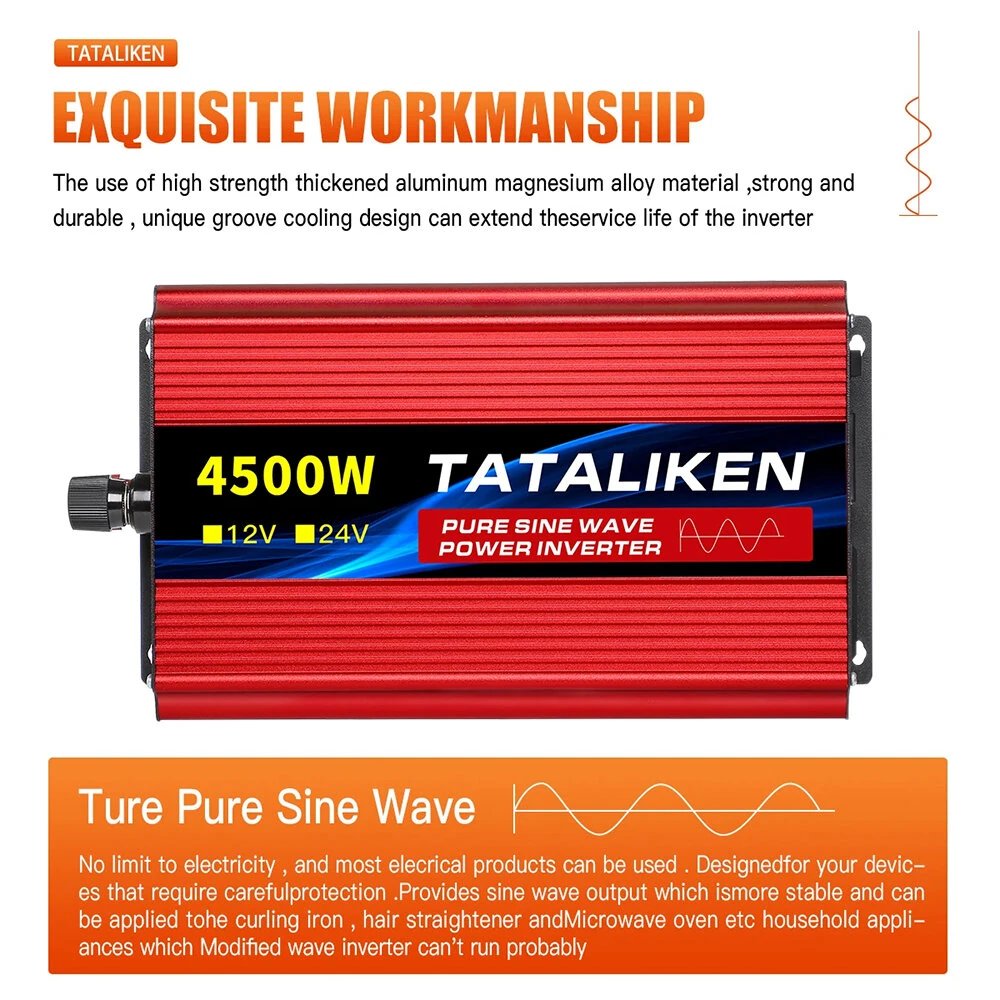 TATALIKEN Pure Sine Wave Power Inverter 4500W Peak Pure Sine Wave 12V 24V to 110-220V 1500W Outdoor Camping Inverter Overload Protection — view 5