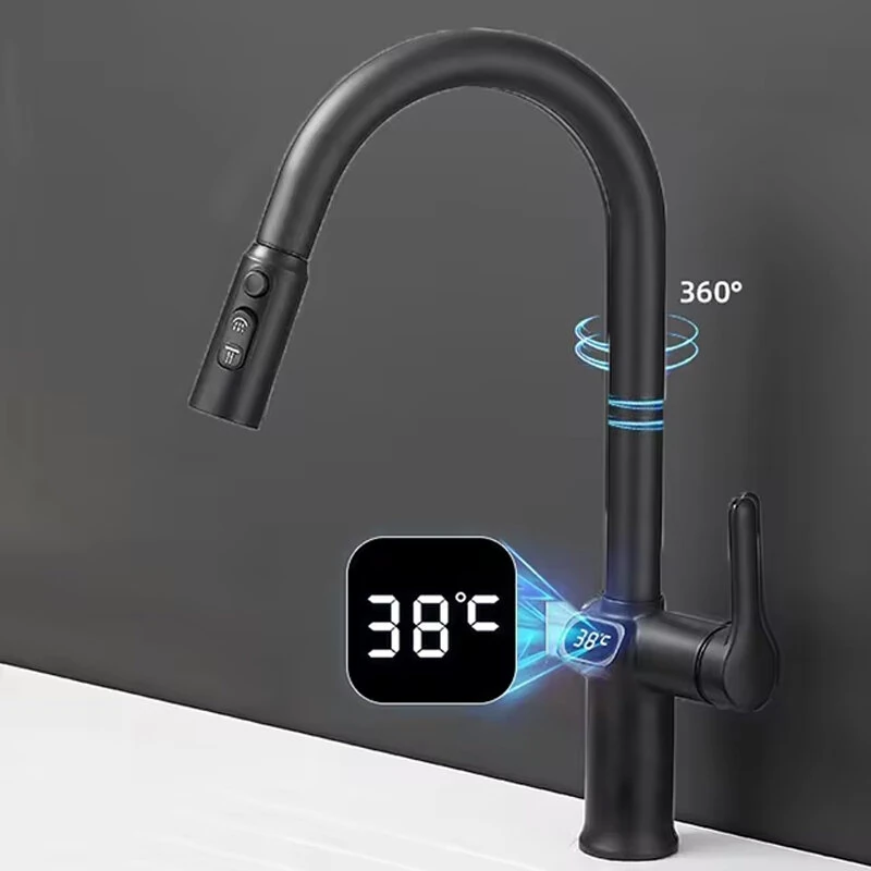 Temperature Digital LCD Display Pull Out Faucet Kitchen Single Handle Kitchen Sink Rotation Mixer Sprayer Hot And Cold Water Taps — view 10