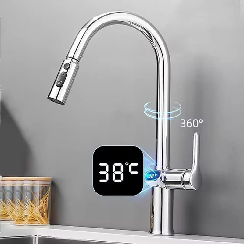 Temperature Digital LCD Display Pull Out Faucet Kitchen Single Handle Kitchen Sink Rotation Mixer Sprayer Hot And Cold Water Taps — view 11