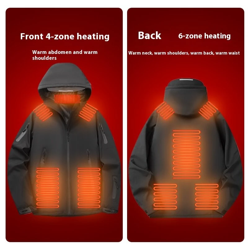 TENGOO 10 Zones Electric Heated Jacket - 3 Gear Control Temperature, Windproof, USB Charging, Thermal Hoodie Coat for Outdoor Hiking Camping — view 3