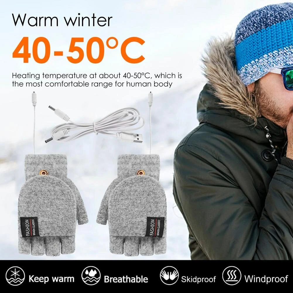 TENGOO 1Pair Winter Half-finger USB Electric Heated Gloves Double-sided Heating Flip-top Gloves for Winter Outdoor Skiing — view 2