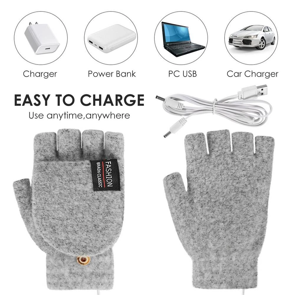 TENGOO 1Pair Winter Half-finger USB Electric Heated Gloves Double-sided Heating Flip-top Gloves for Winter Outdoor Skiing — view 4