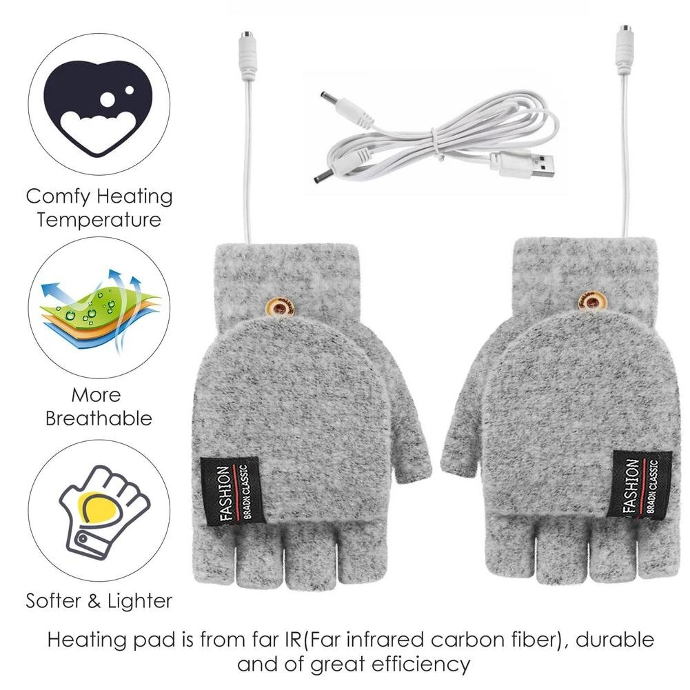 TENGOO 1Pair Winter Half-finger USB Electric Heated Gloves Double-sided Heating Flip-top Gloves for Winter Outdoor Skiing — view 5