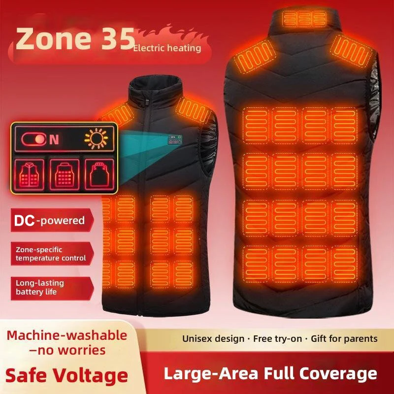 TENGOO 35 Zones Black Electric Heated Vest for Men Women 5-control DC Charging Unisex Washable Outdoors Winter Warm Heating Clothing — view 2