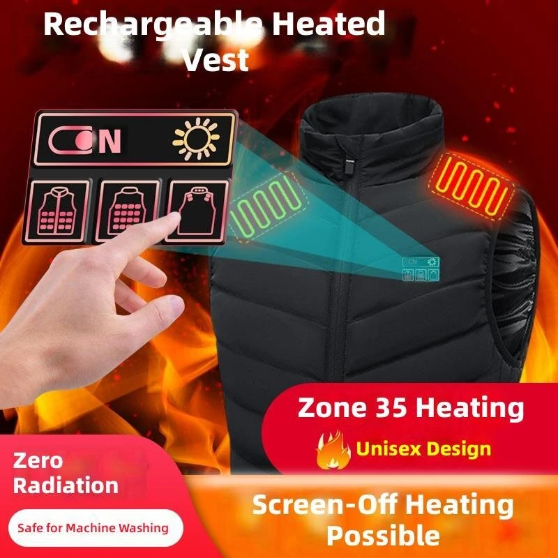 TENGOO 35 Zones Black Electric Heated Vest for Men Women 5-control DC Charging Unisex Washable Outdoors Winter Warm Heating Clothing — view 3