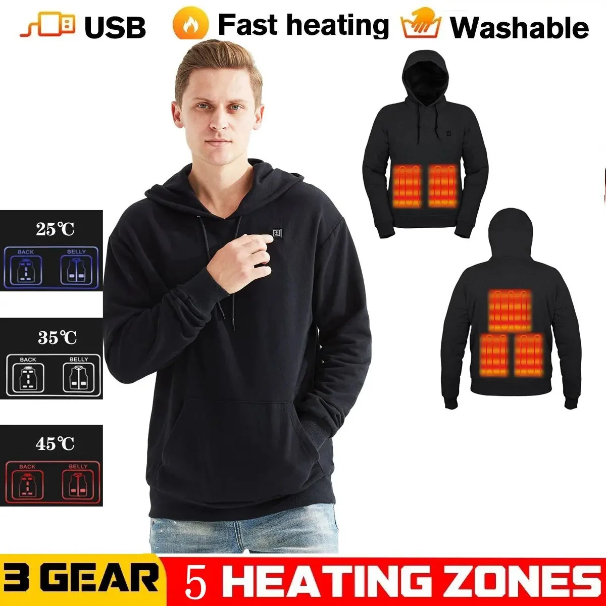 TENGOO HS05B Smart Heated Sweatshirt 5 Heating Areas Quick Heating USB Rechargeable Washable Safety Fashion Oversize Jacket for Winter Outdoors Keep Warm — view 7