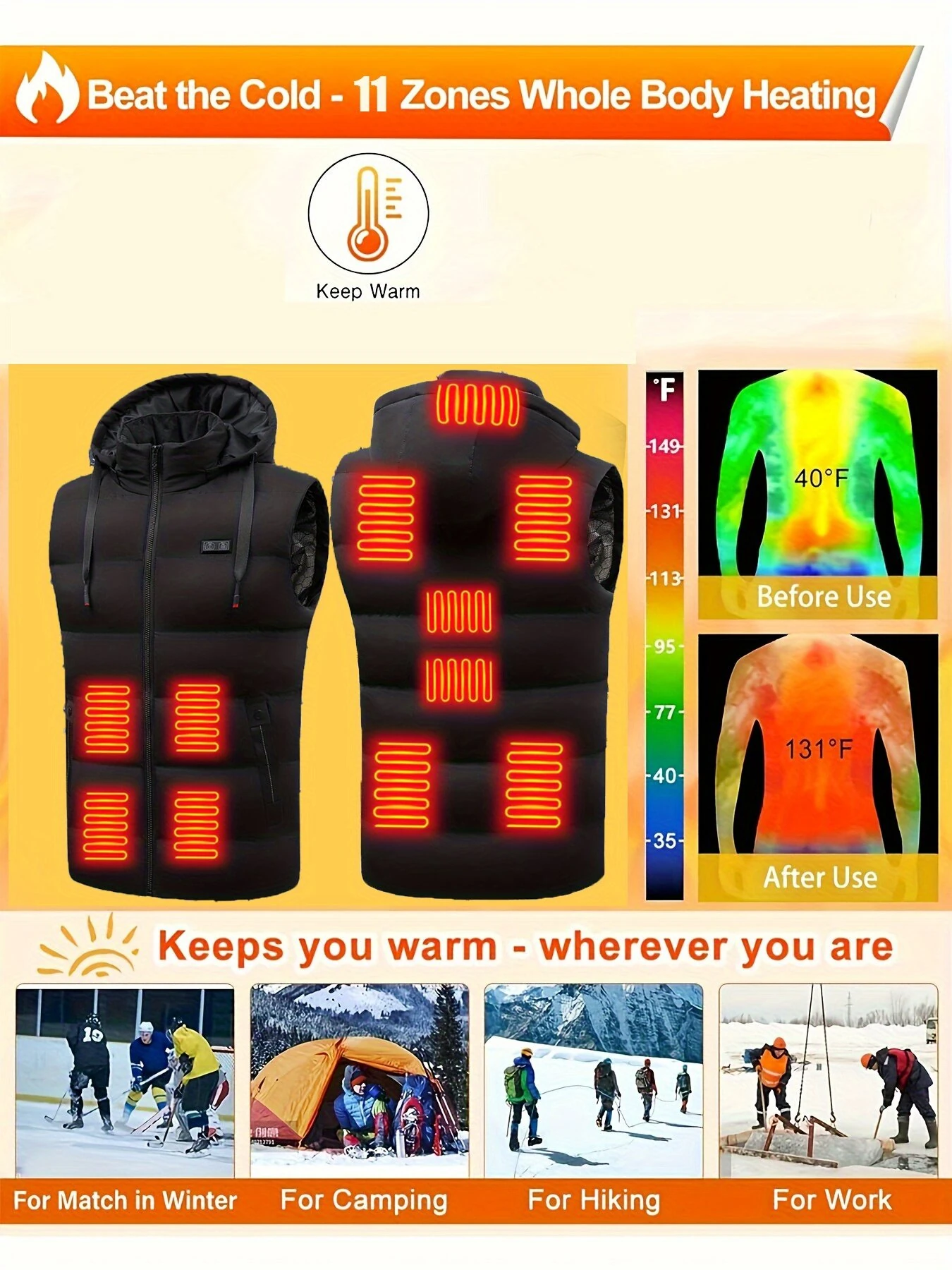 TENGOO HT-11 11 Areas Unisex Heated Hooded Vest Unisex 3-Gears Temperature Control USB Electric Thermal Vest Winter Outdoor Warm Clothing — view 3