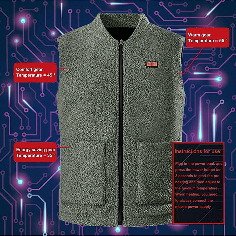 TENGOO HV-08G Heated Vest 8 Heating Areas USB Charging 3 Gear Temperature Control Grey Plush Windproof Outdoor Winter Warm Clothing — view 2