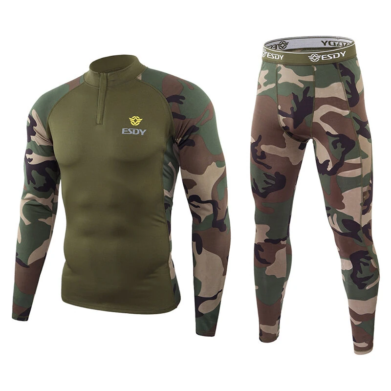 TENGOO Outdoor Sports Mens Camouflage Underwear Set Camo Training Long Sleeve Tops + Pants Suit Fitness Camping Hiking Hunting Underwear Clothes for Men — TENGOO