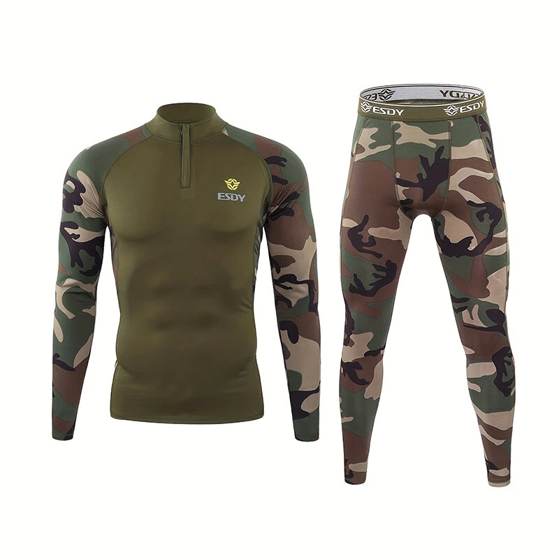 TENGOO Outdoor Sports Mens Camouflage Underwear Set Camo Training Long Sleeve Tops + Pants Suit Fitness Camping Hiking Hunting Underwear Clothes for Men — view 5