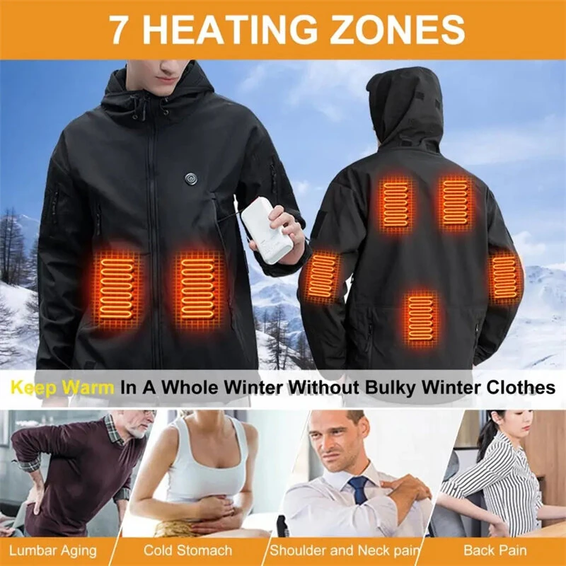TENGOO Unisex Heated Jacket - 7 Heating Zones, 3-Level Temperature Control, Windbreaker Thermal, High Neck Hooded Coat for Winter Outdoor Sport — view 2