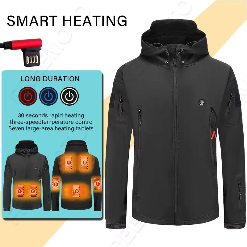 TENGOO Unisex Heated Jacket - 7 Heating Zones, 3-Level Temperature Control, Windbreaker Thermal, High Neck Hooded Coat for Winter Outdoor Sport — view 3