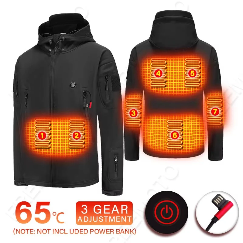 TENGOO Unisex Heated Jacket - 7 Heating Zones, 3-Level Temperature Control, Windbreaker Thermal, High Neck Hooded Coat for Winter Outdoor Sport — view 5