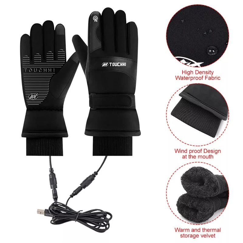 TENGOO USB Heated Gloves for Men Cycling Gloves Winter Waterproof Cold Padded Thickened Touch Screen Gloves Charging Heating Warm Gloves Outdoor Camping Skiing Motorcycle Gloves — view 3